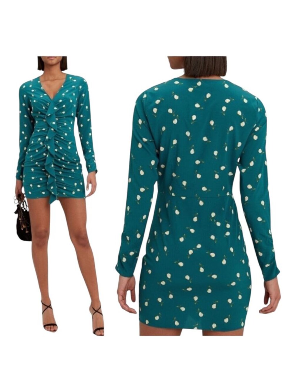 Intermix Dress Women 6‎ Teal Blue Adrienne Floral Silk Ruched Ruffle Mini Sheath